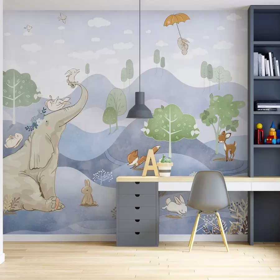 murales de pared Elefante y amigos en un bosque u98695v1