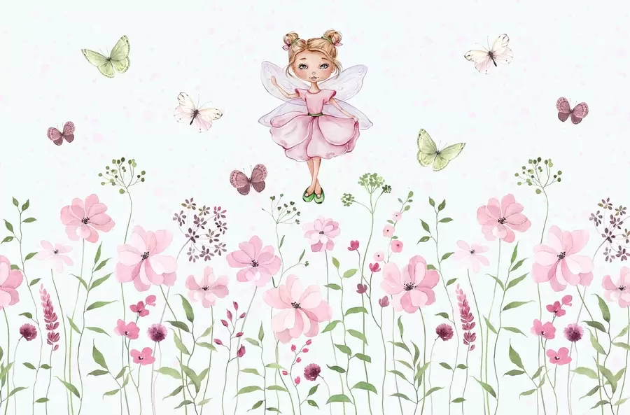 murales de pared Un hada entre flores y mariposas w01460