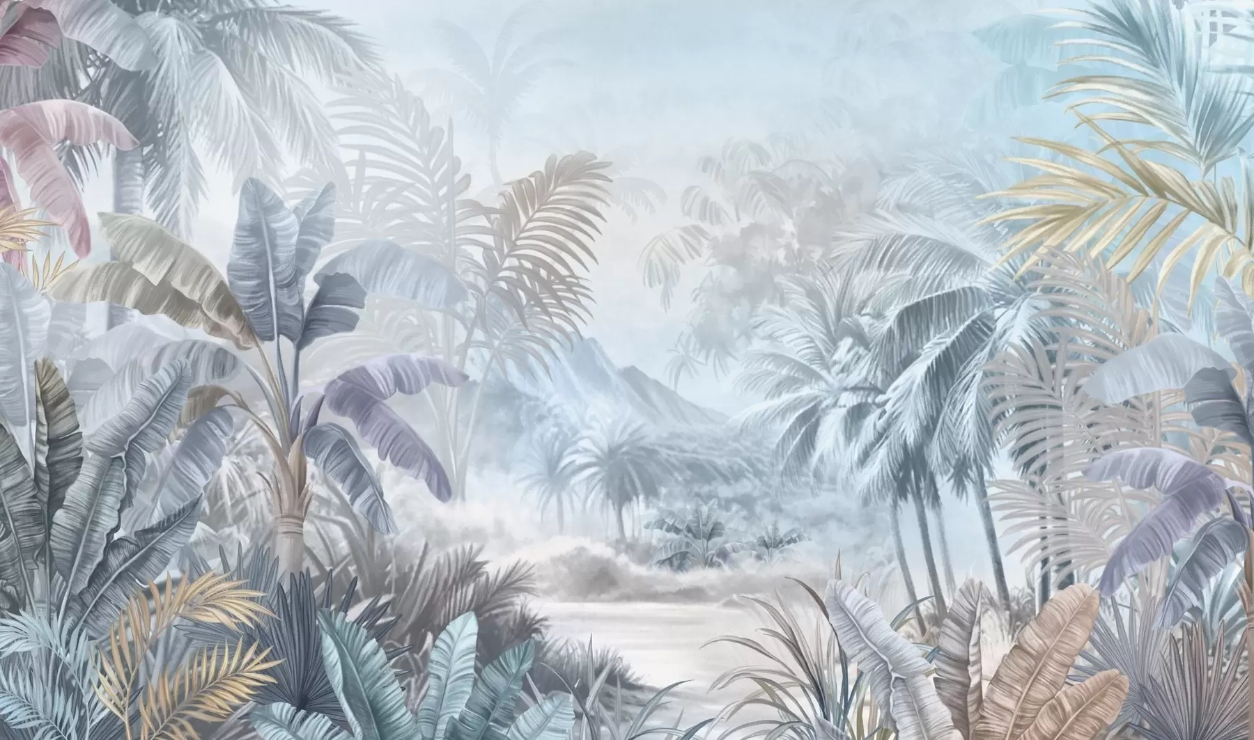murales de pared Selva tropical en suaves tonos azules w01931