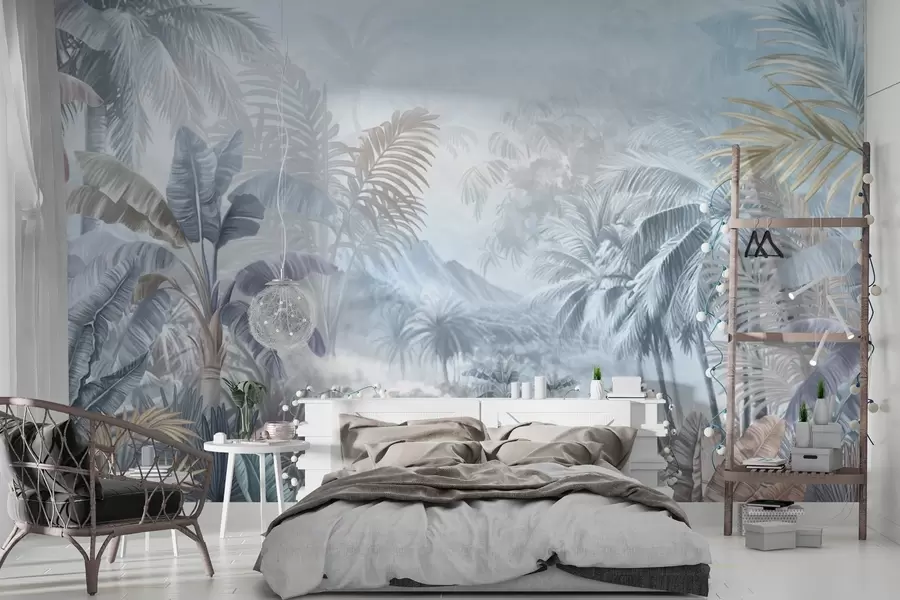 murales de pared Selva tropical en suaves tonos azules w01931