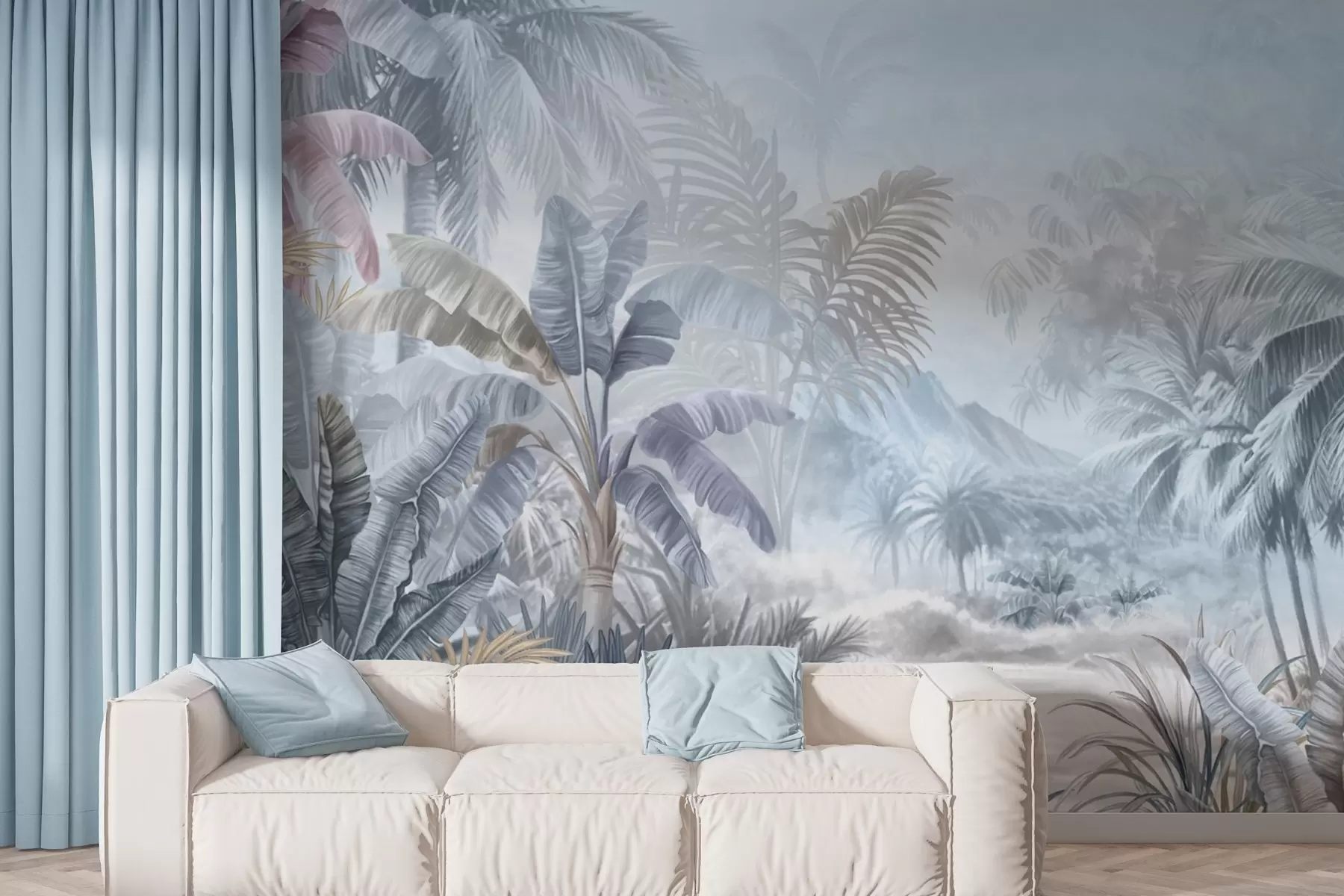murales de pared Selva tropical en suaves tonos azules w01931