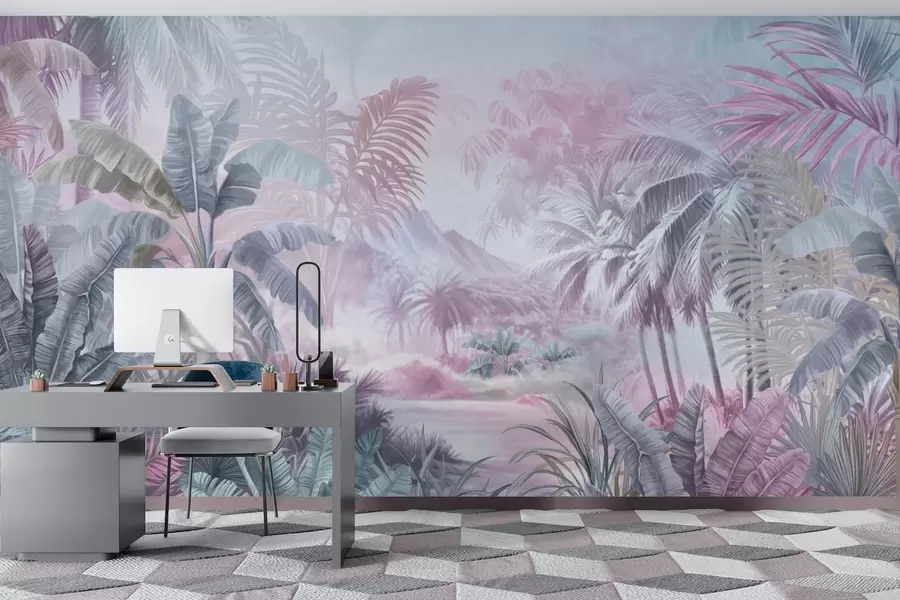 murales de pared Selva tropical en suaves tonos azules y rosas w01931v2