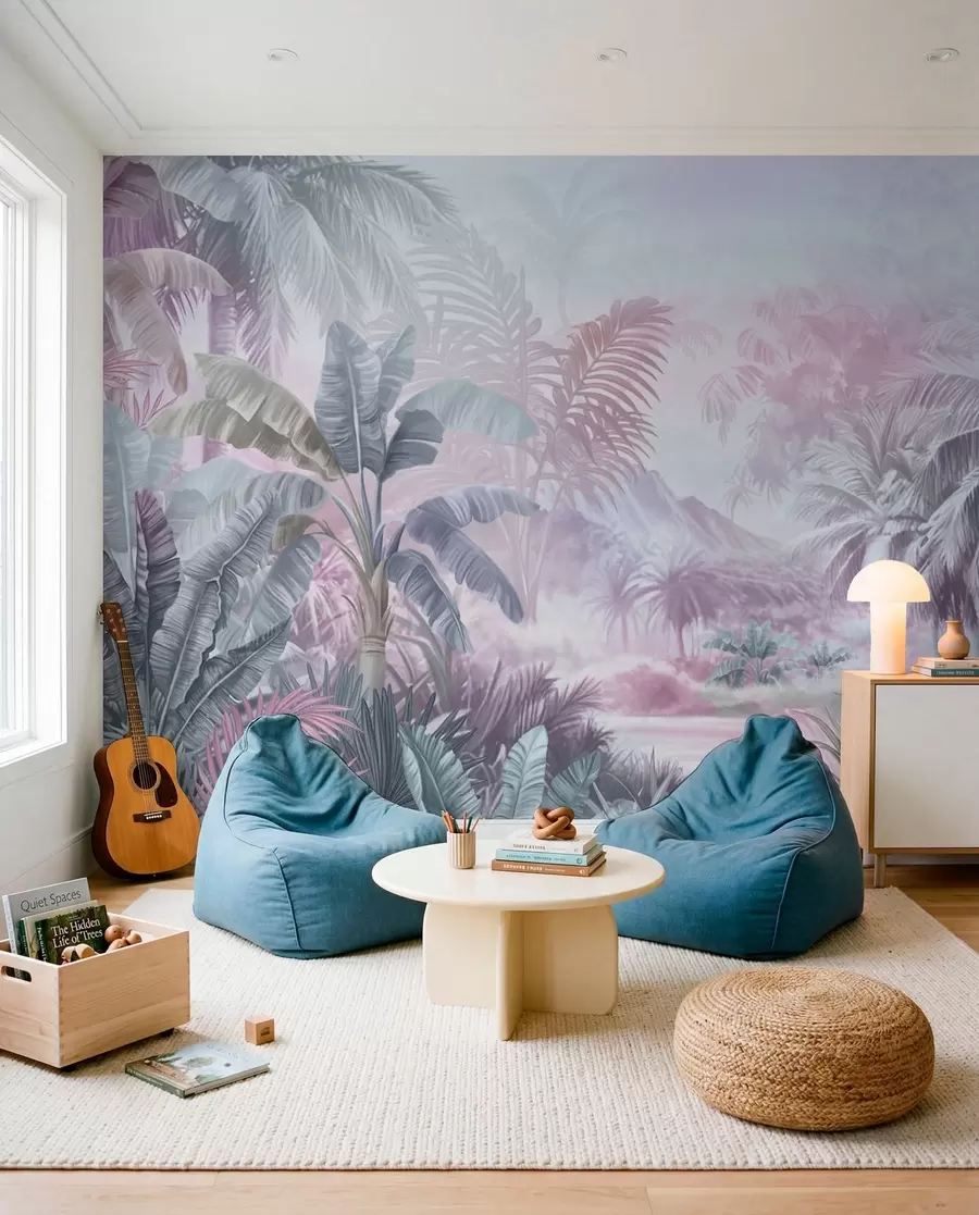 murales de pared Selva tropical en suaves tonos azules y rosas w01931v2