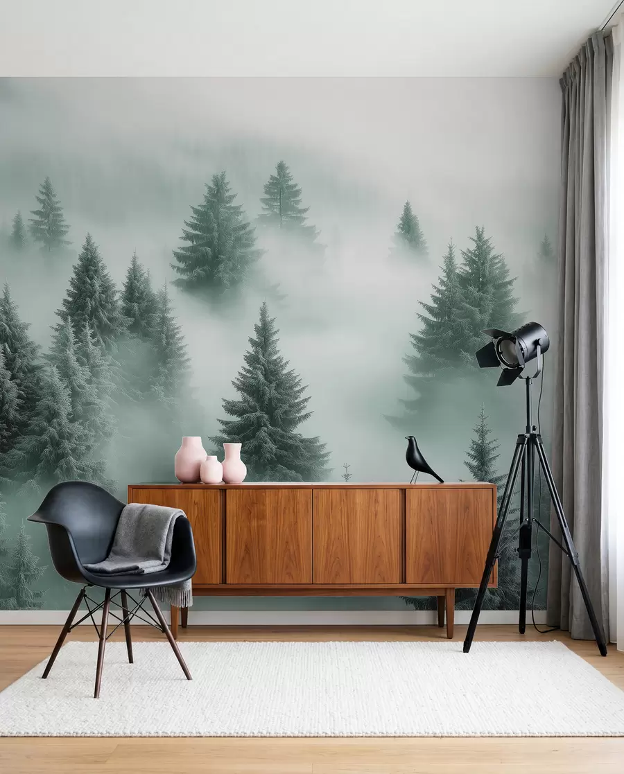 murales de pared Niebla espesa que envuelve un bosque nevado por la mañana en tonos verdes w02064v1
