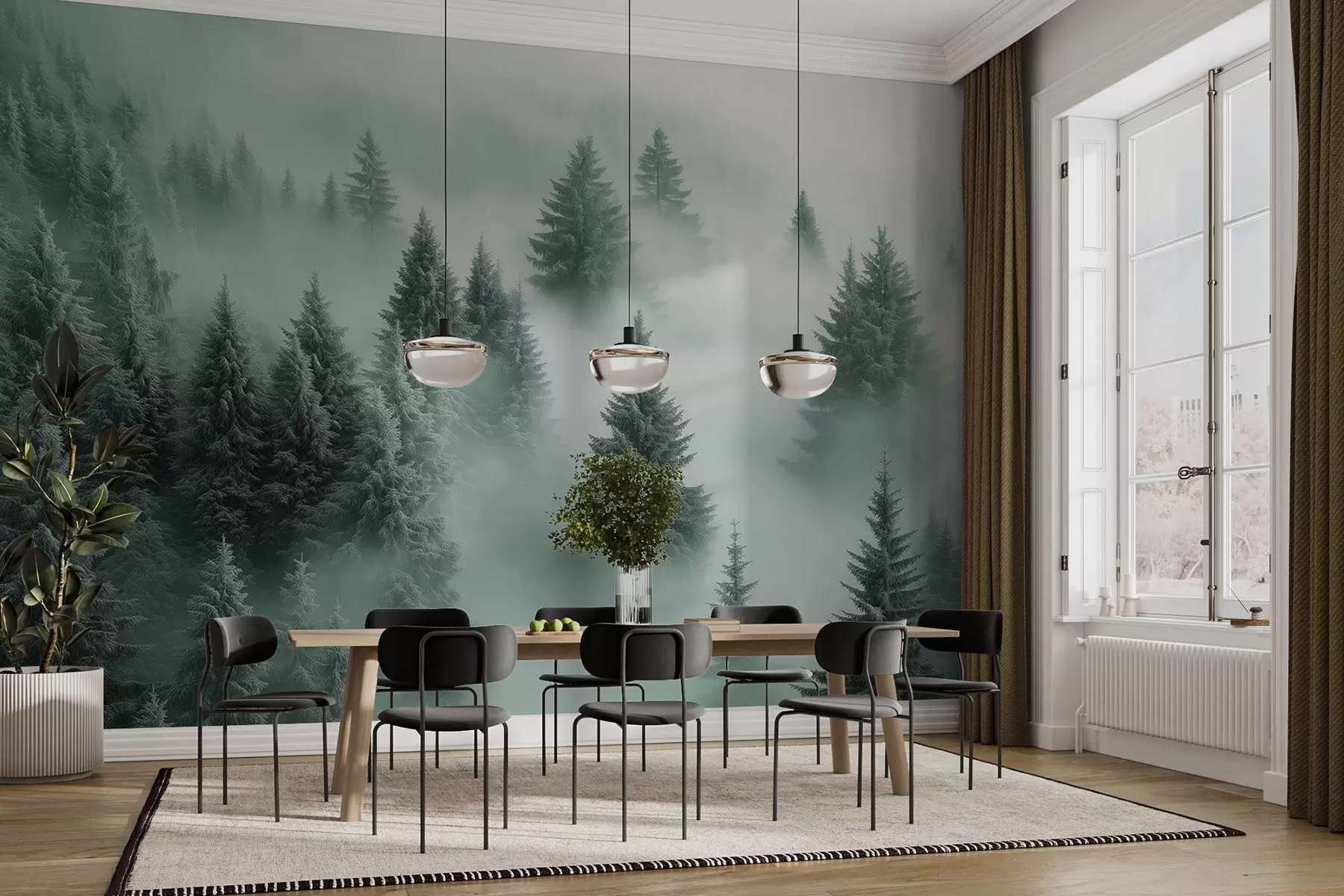 murales de pared Niebla espesa que envuelve un bosque nevado por la mañana en tonos verdes w02064v1