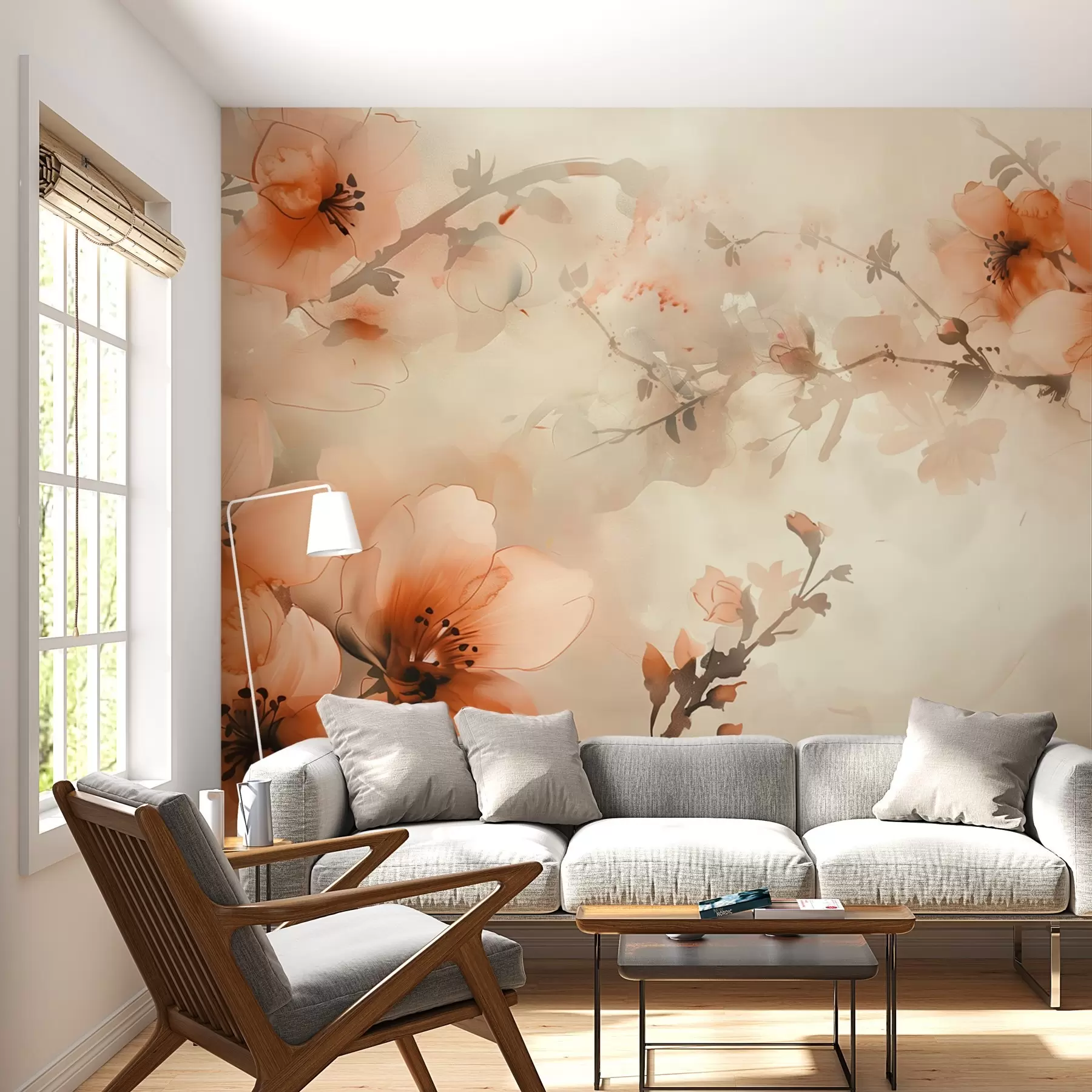 murales de pared Composición en acuarela de flores en cálidos tonos melocotón y naranja w02068