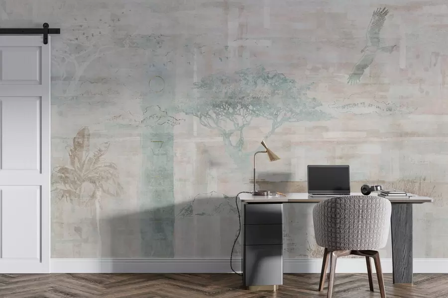 murales de pared Diseño de efecto grunge vintage con árboles, águila y elementos geométricos w02130