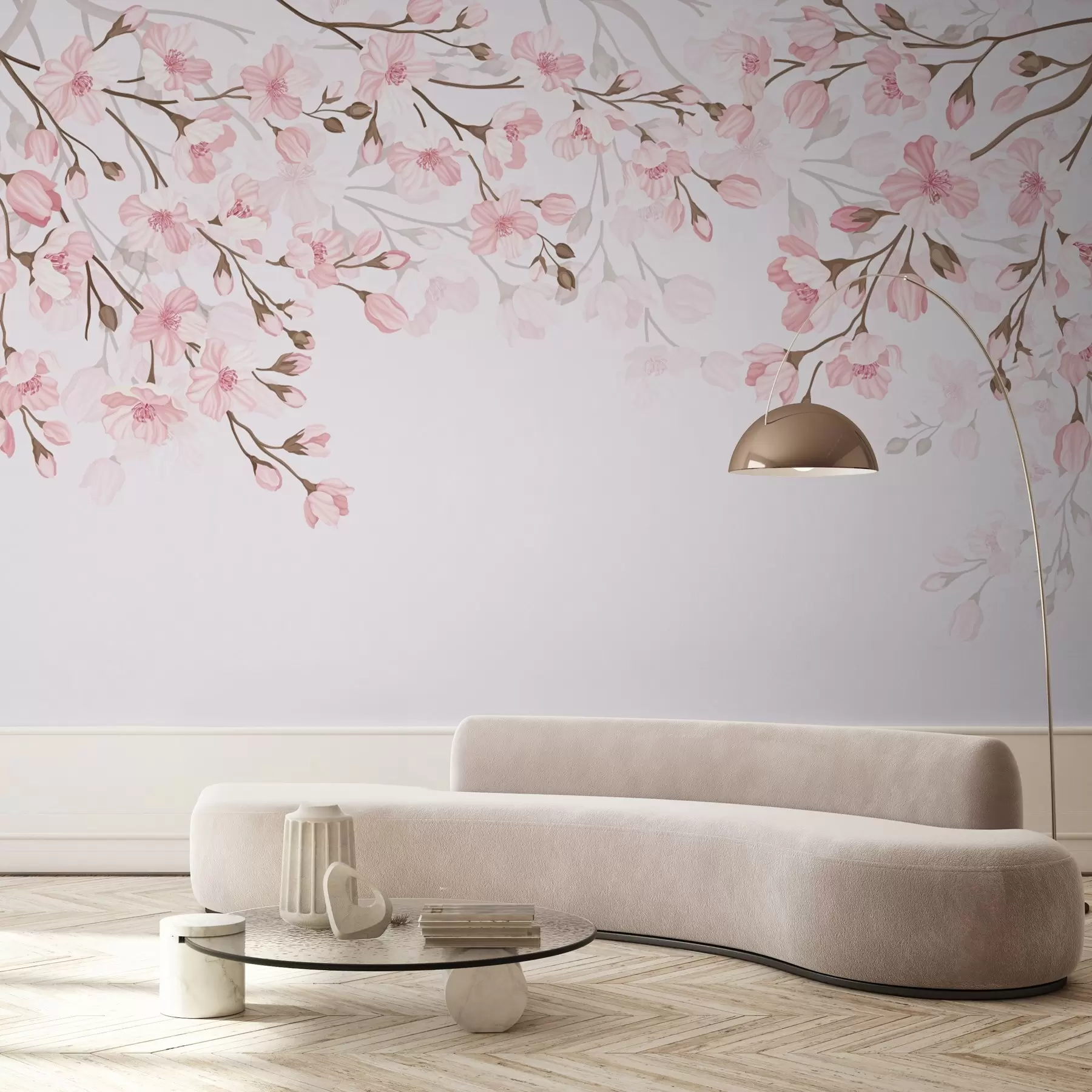 murales de pared ramas con flores rosas sobre fondo rosa w02200