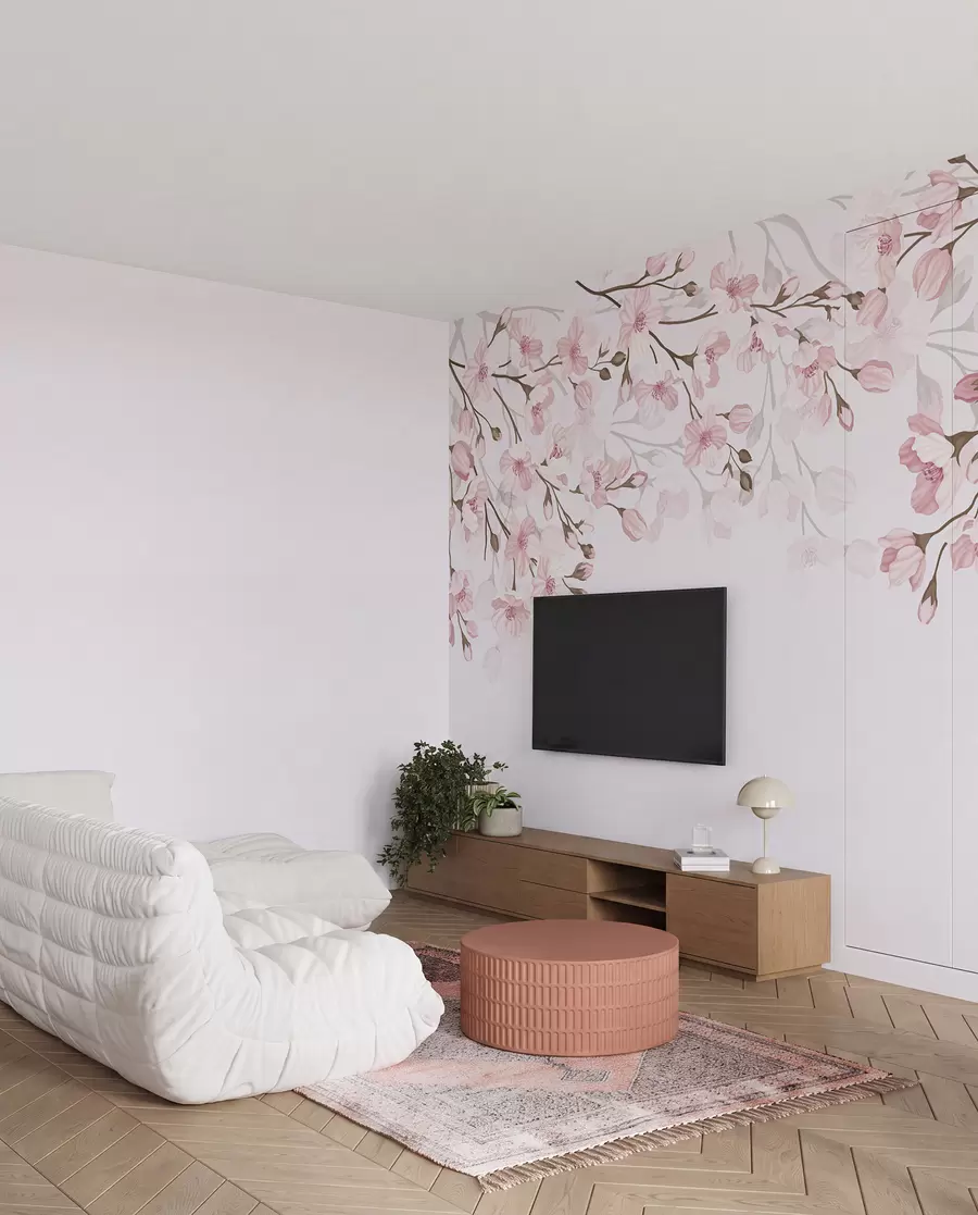 murales de pared ramas con flores rosas sobre fondo rosa w02200