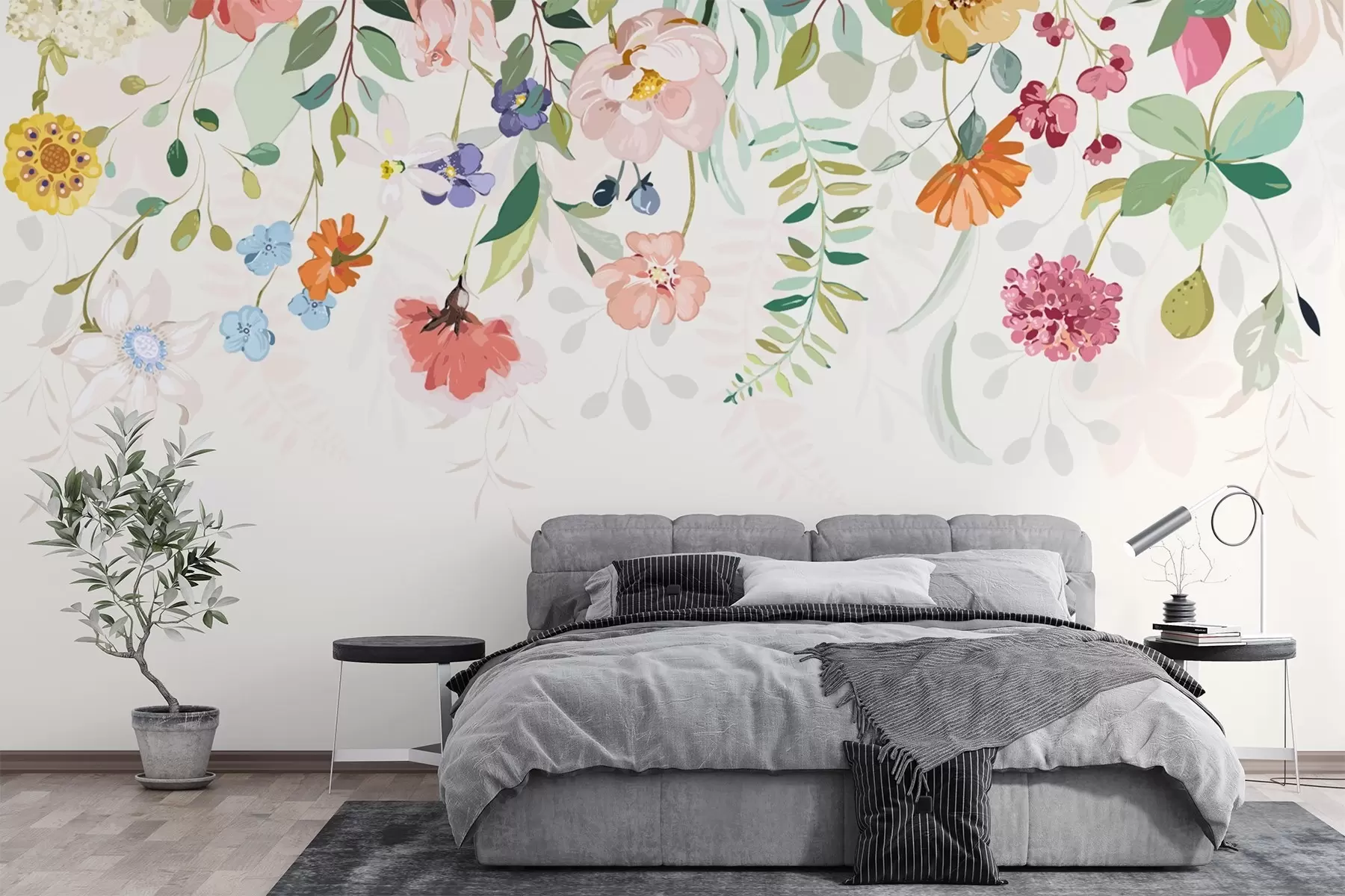 murales de pared flores y hojas de colores brillantes en la parte superior w02201