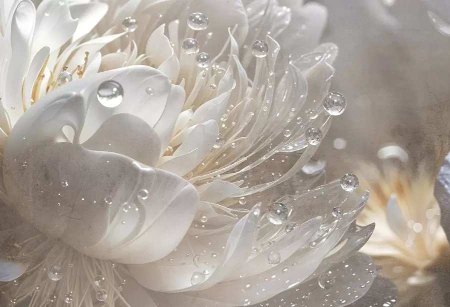 murales de pared Primer plano de una flor de peonía beige con gotas de agua en sus delicados pétalos, creando una atmósfera suave w08402