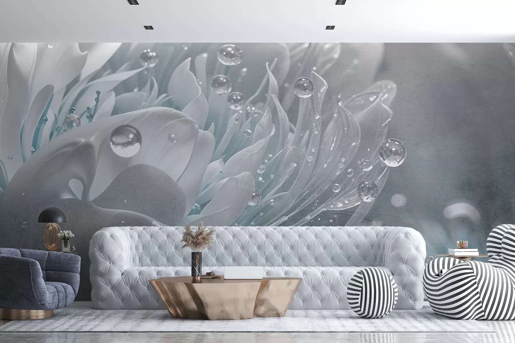 murales de pared Primer plano de una flor de peonía azul con gotas de agua sobre sus delicados pétalos, creando una atmósfera suave w08402v1