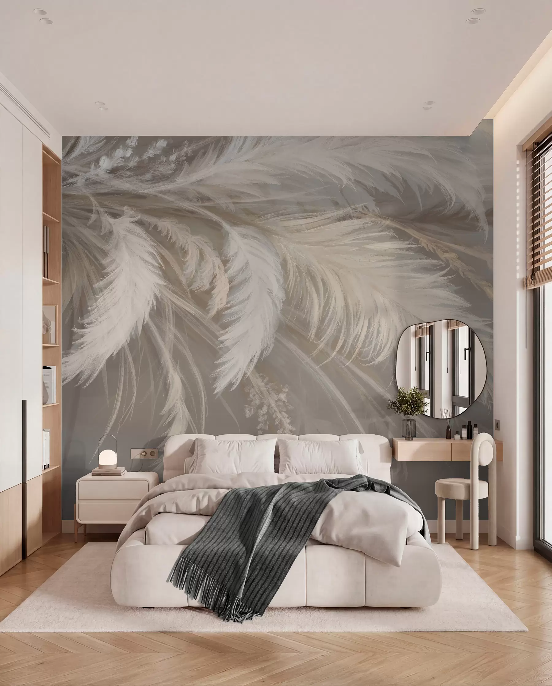 murales de pared Suaves y esponjosas plumas blancas y flores secas sobre un fondo neutro beige pastel w08403