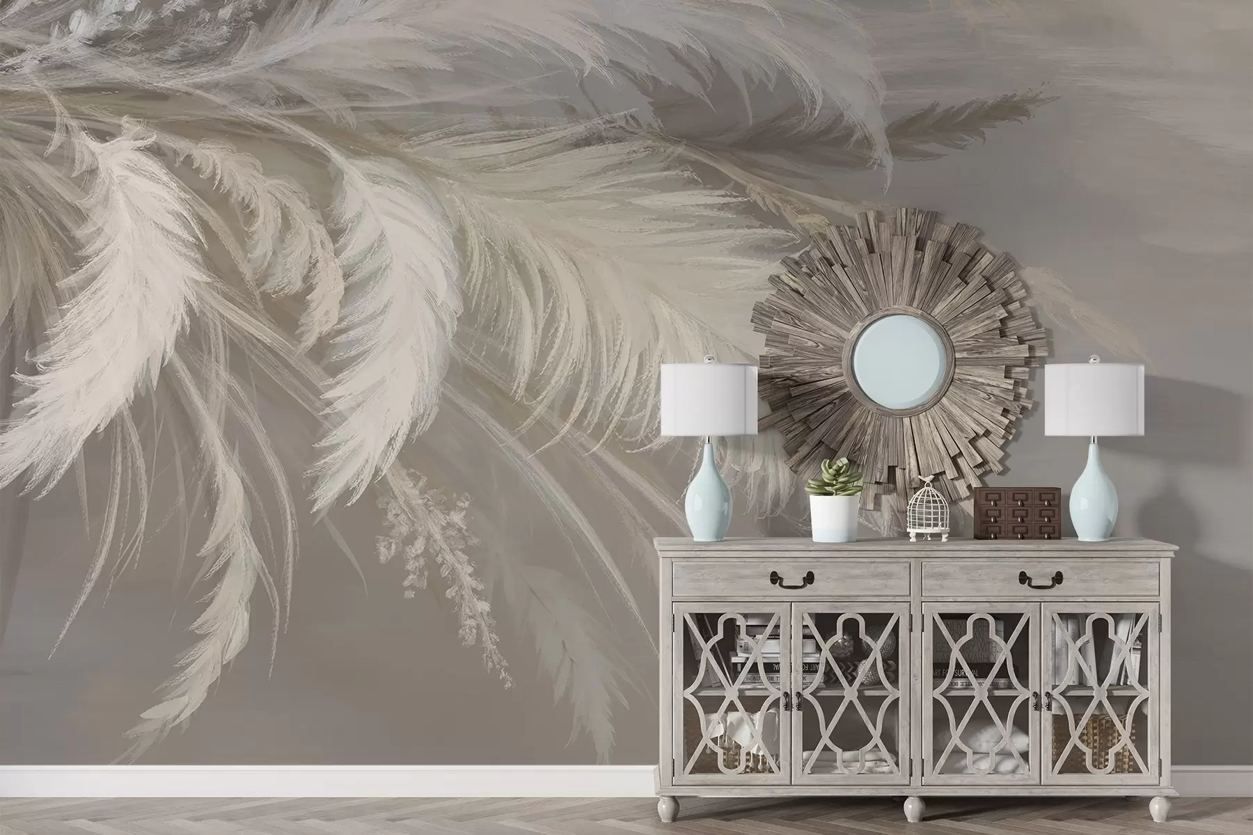 murales de pared Suaves y esponjosas plumas blancas y flores secas sobre un fondo neutro beige pastel w08403