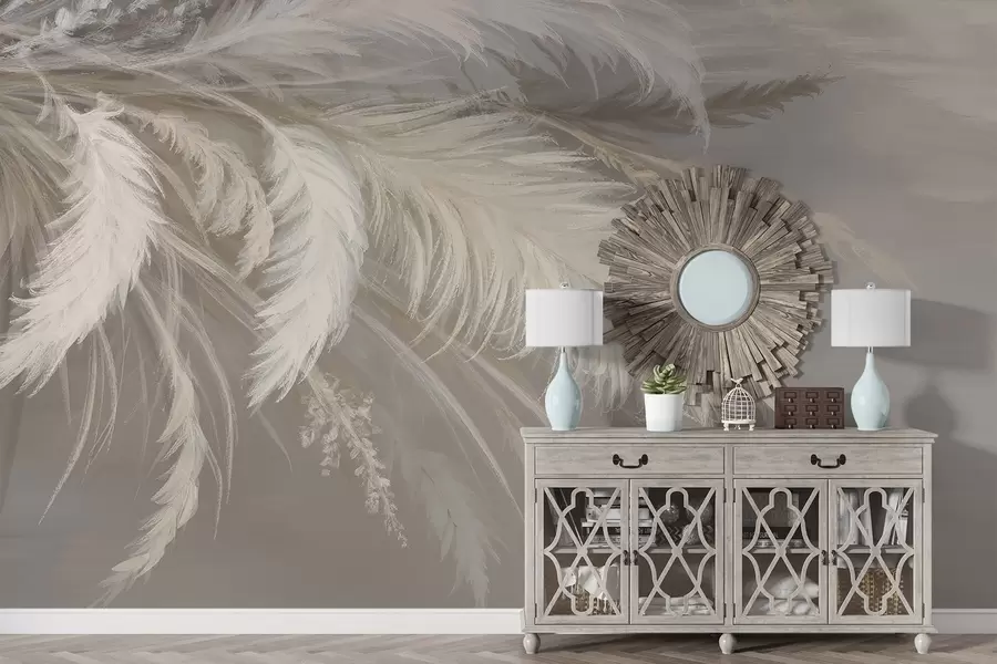 murales de pared Suaves y esponjosas plumas blancas y flores secas sobre un fondo neutro beige pastel w08403