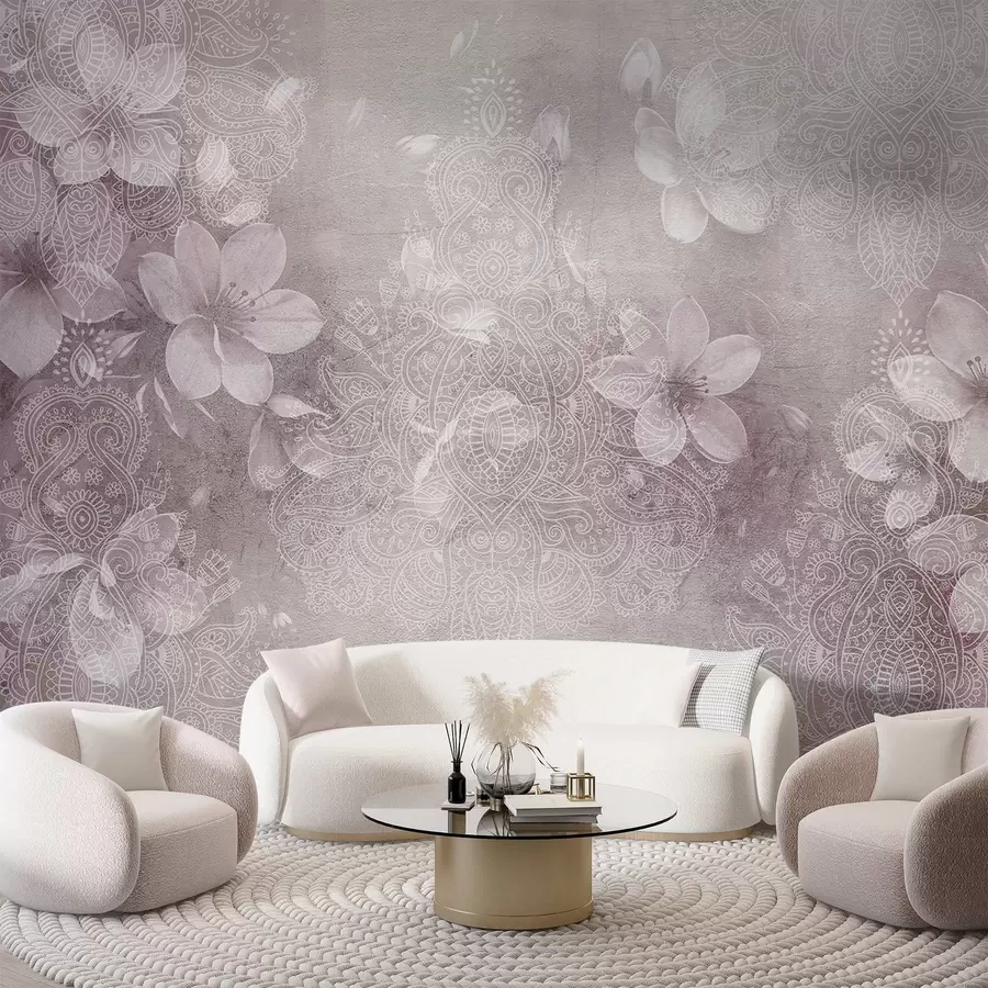 murales de pared Dibujo de enfoque suave de delicadas flores blancas sobre un fondo borroso con textura de encaje bordo w08405v2