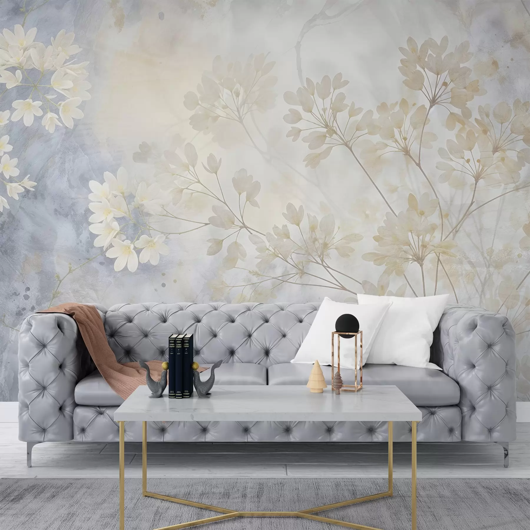 murales de pared Delicado estampado abstracto en tonos pastel de flores blancas sobre fondo difuminado, suave y etéreo w08408
