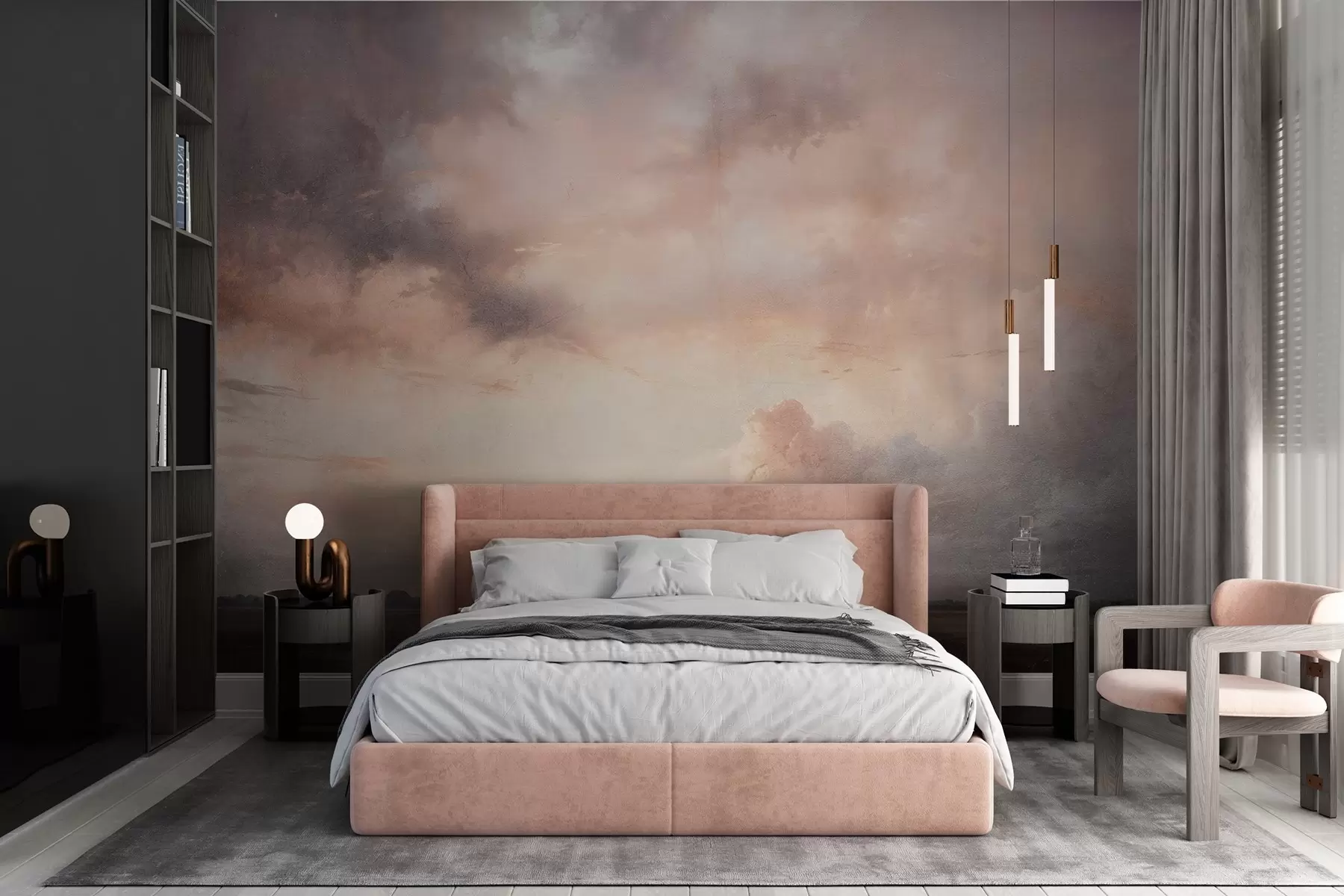 murales de pared Impresión con textura de paisaje dramático de cielo nublado sobre un tranquilo lago al atardecer, con colinas visibles en la distancia w08409