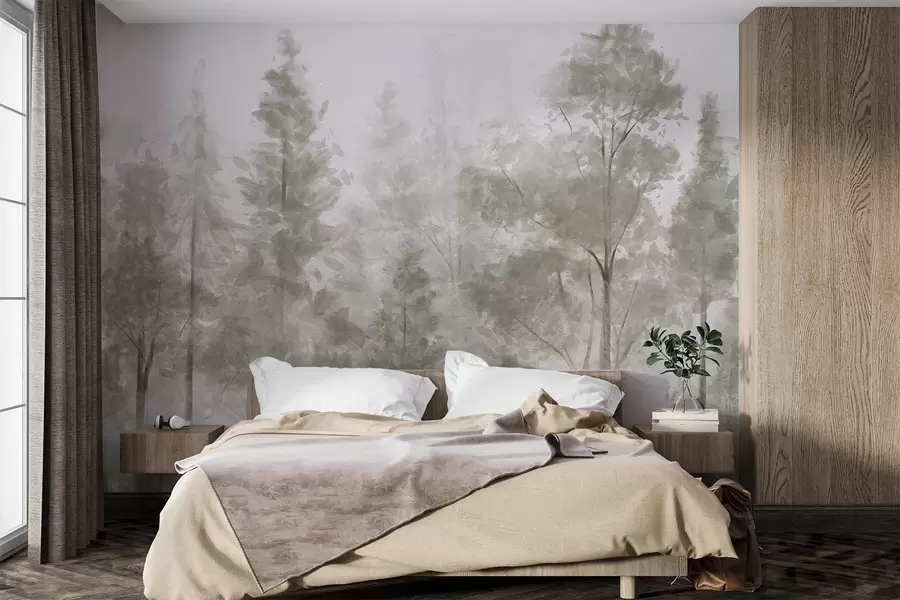 murales de pared Altos pinos texturizados en un bosque brumoso, con una atmósfera neblinosa y brumosa w08411