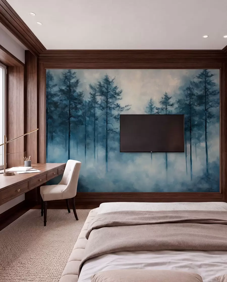 murales de pared Bosque místico, pinos, niebla, pintura acrílica, colores azul oscuro w02149