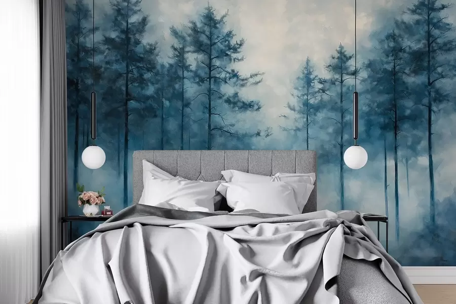 murales de pared Bosque místico, pinos, niebla, pintura acrílica, colores azul oscuro w02149