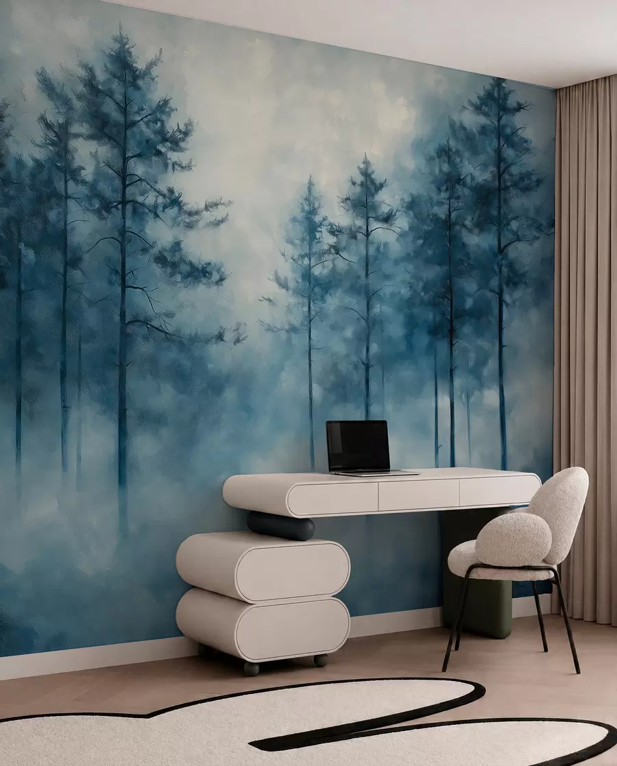 murales de pared Bosque místico, pinos, niebla, pintura acrílica, colores azul oscuro w02149
