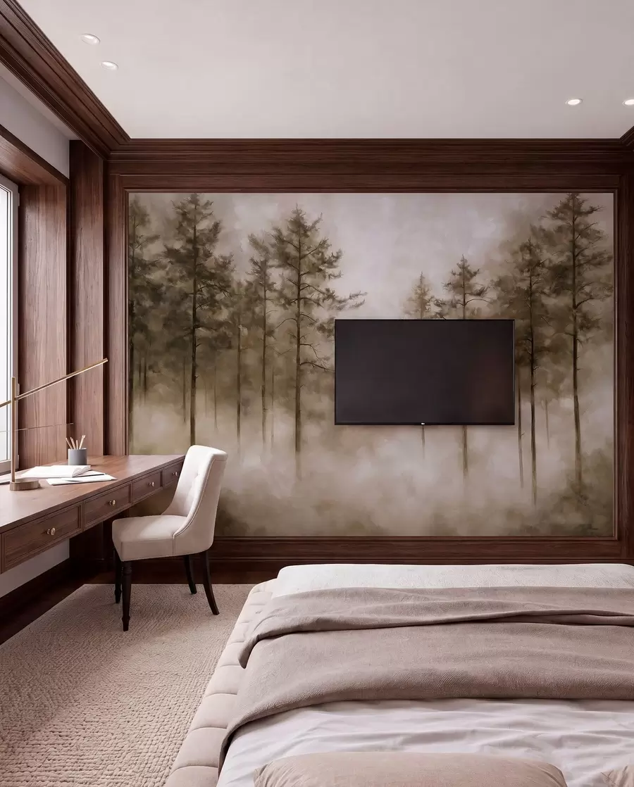 murales de pared Bosque místico, pinos, niebla, pintura acrílica, colores beige w02149v1