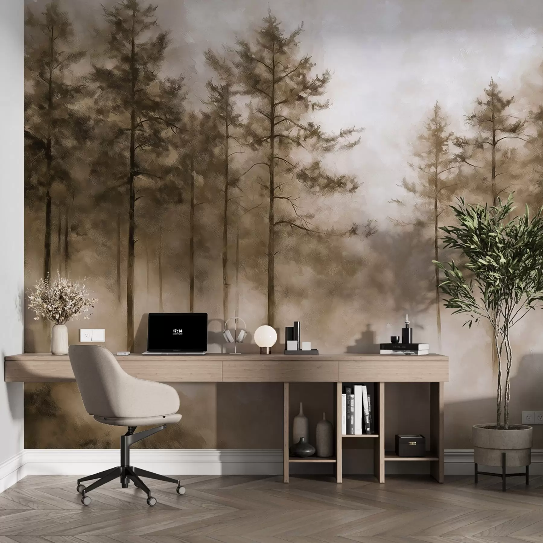 murales de pared Bosque místico, pinos, niebla, pintura acrílica, colores beige w02149v1