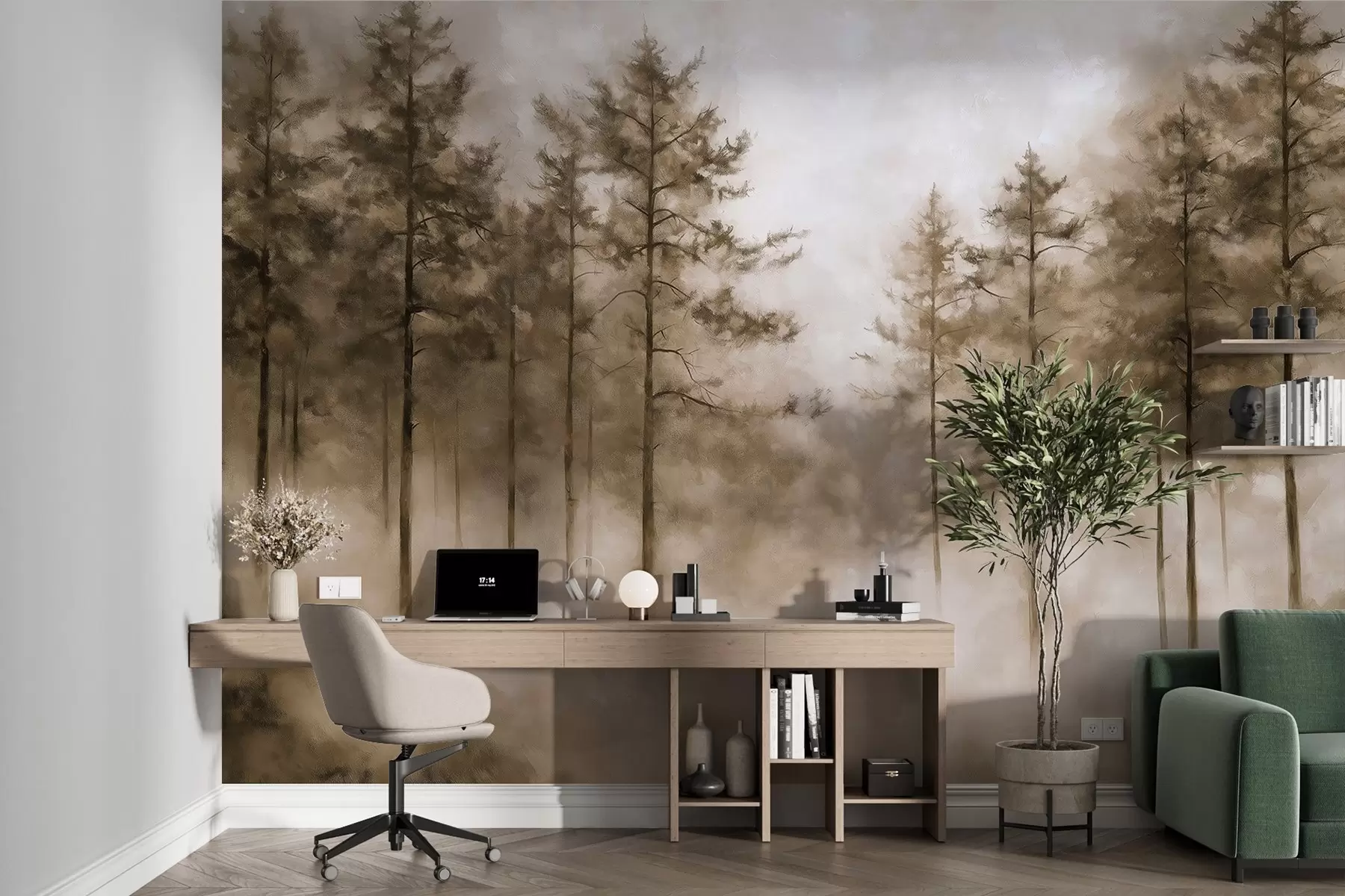 murales de pared Bosque místico, pinos, niebla, pintura acrílica, colores beige w02149v1