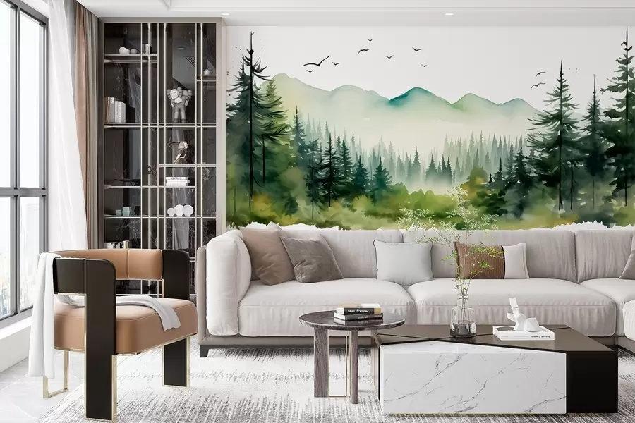 murales de pared Paisajes de bosque y montaña en acuarela, paleta de colores verdes w02150