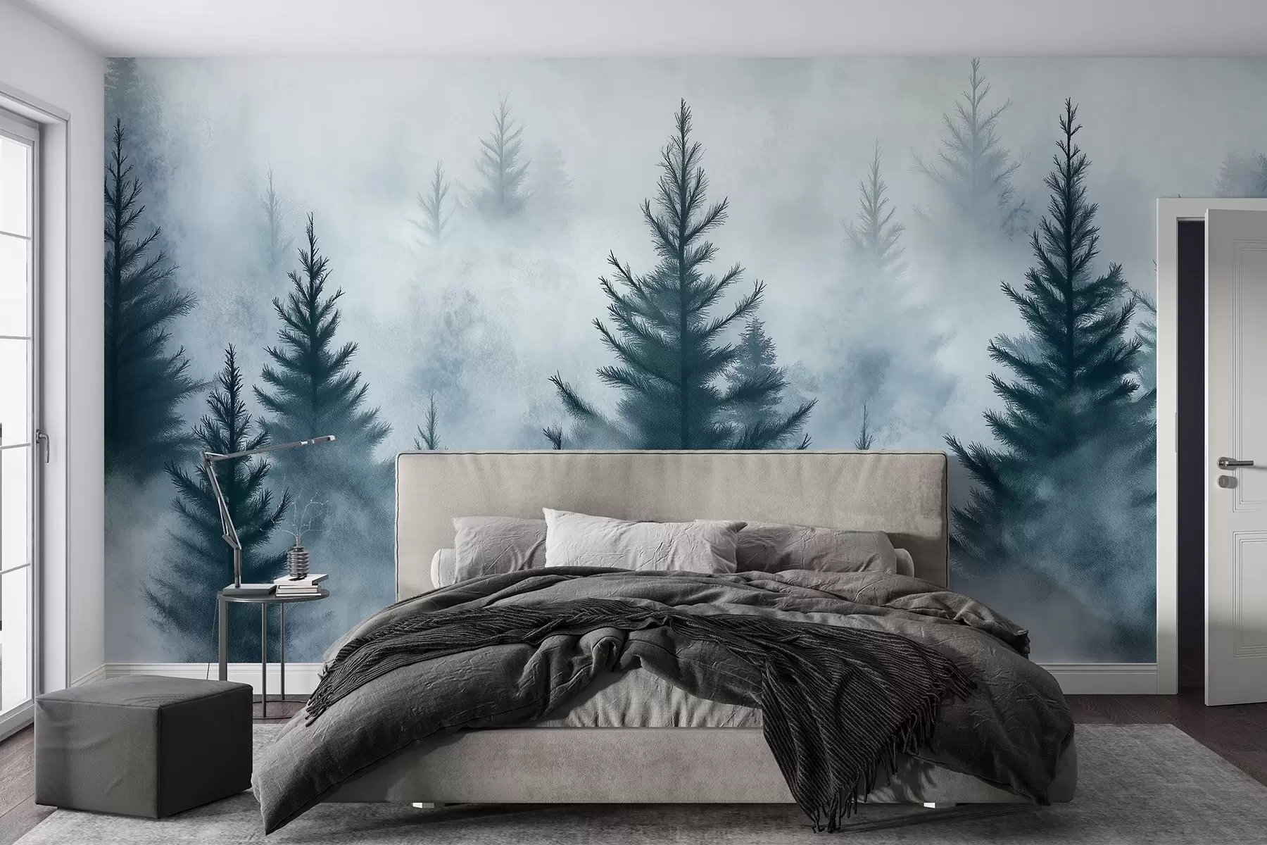 murales de pared Bosque en la niebla, pinos, acuarela, colores azules w02152