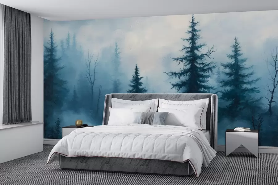 murales de pared Bosque azul oscuro, pintura al óleo, pinceladas, naturaleza w02153