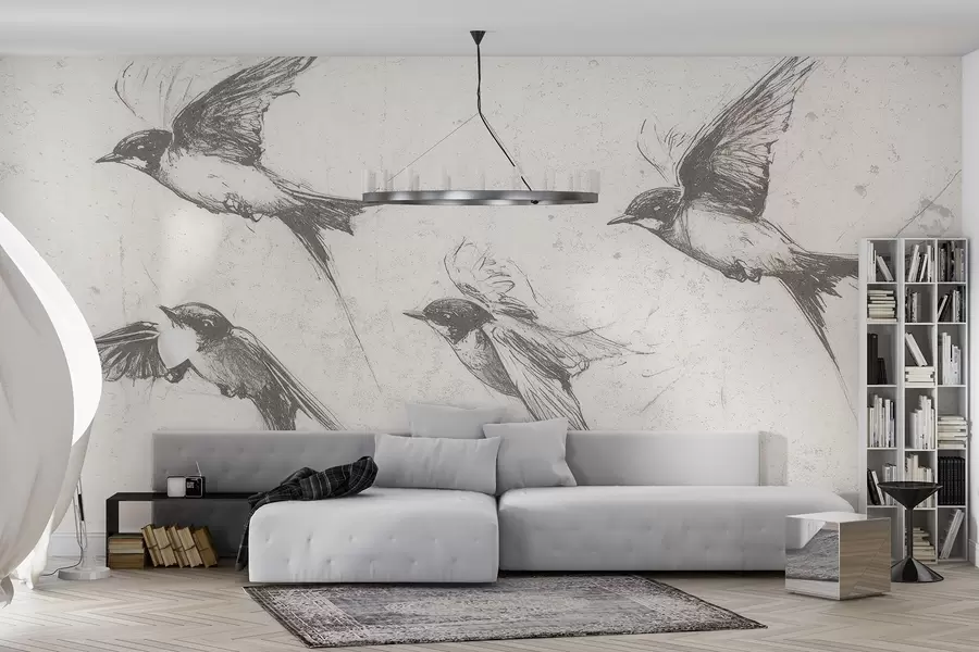 murales de pared Pájaros voladores, dibujo a tinta, minimalismo, colores grises w02155
