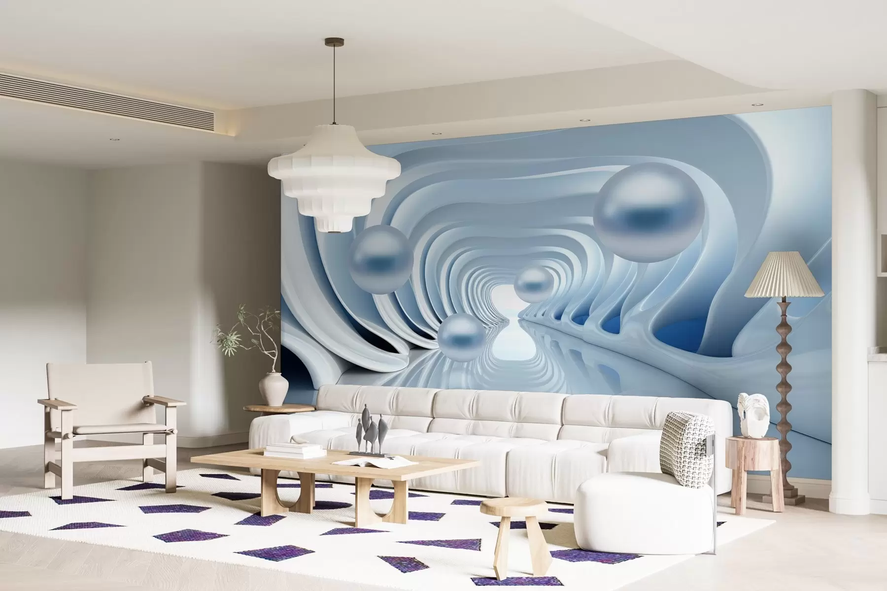 murales de pared Papel pintado futurista con una panorámica del túnel en perspectiva y perlas voladoras w02134