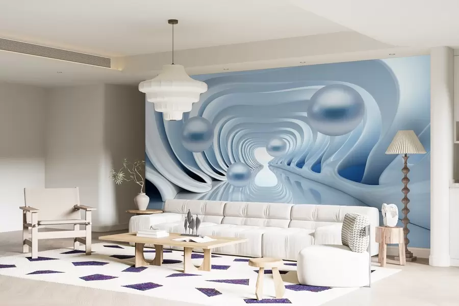murales de pared Papel pintado futurista con una panorámica del túnel en perspectiva y perlas voladoras w02134
