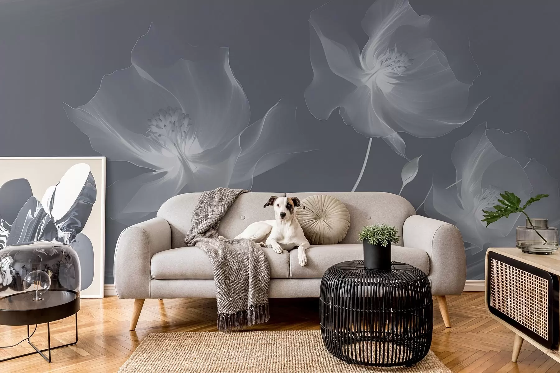 murales de pared Tres gráciles flores de pétalos translúcidos, entrelazadas con cintas de luz y viento en tonos azules w01932v2