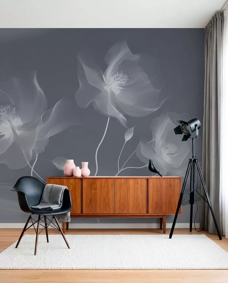 murales de pared Tres gráciles flores de pétalos translúcidos, entrelazadas con cintas de luz y viento en tonos azules w01932v2