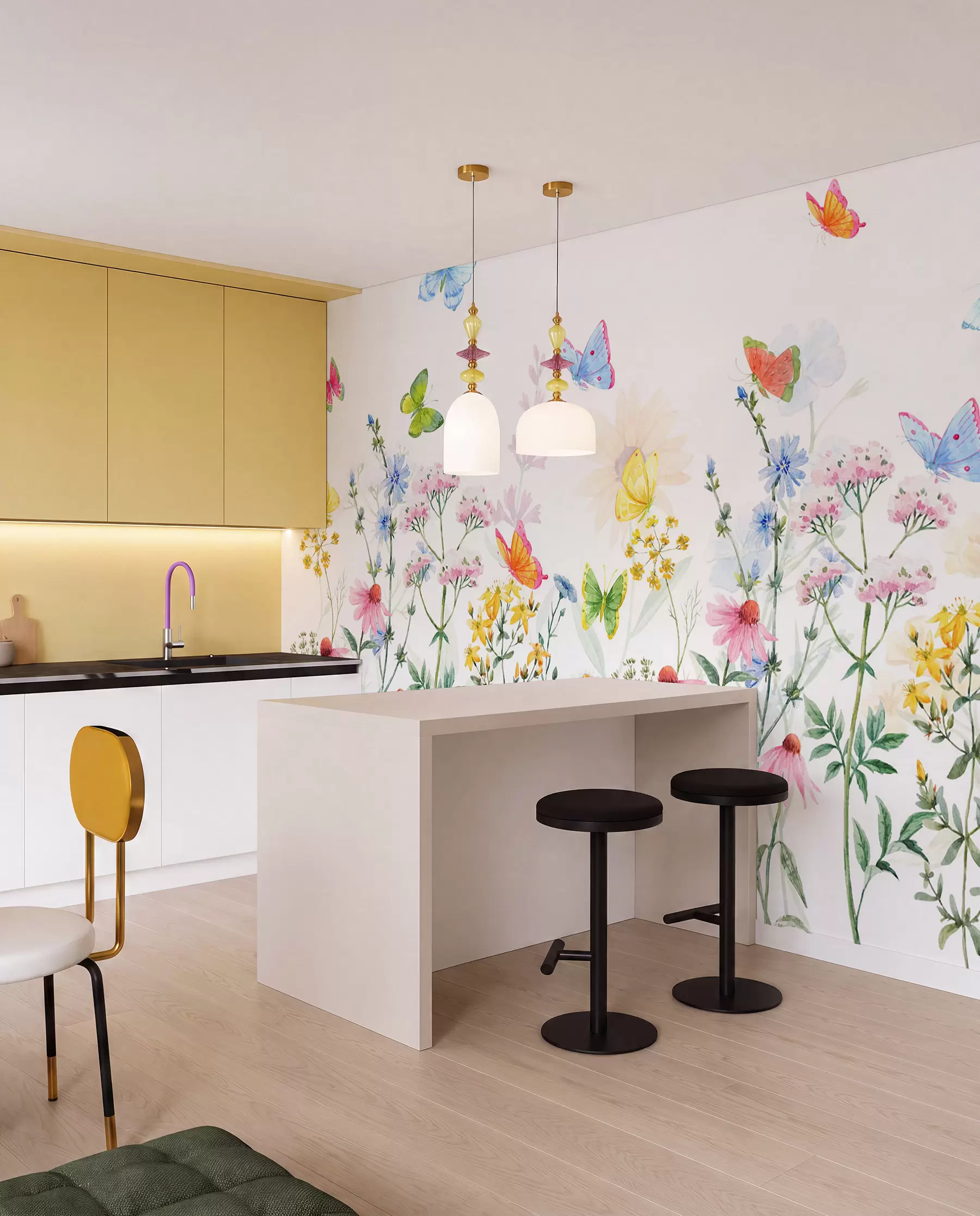 murales de pared Flores y plantas de colores y mariposas w02238