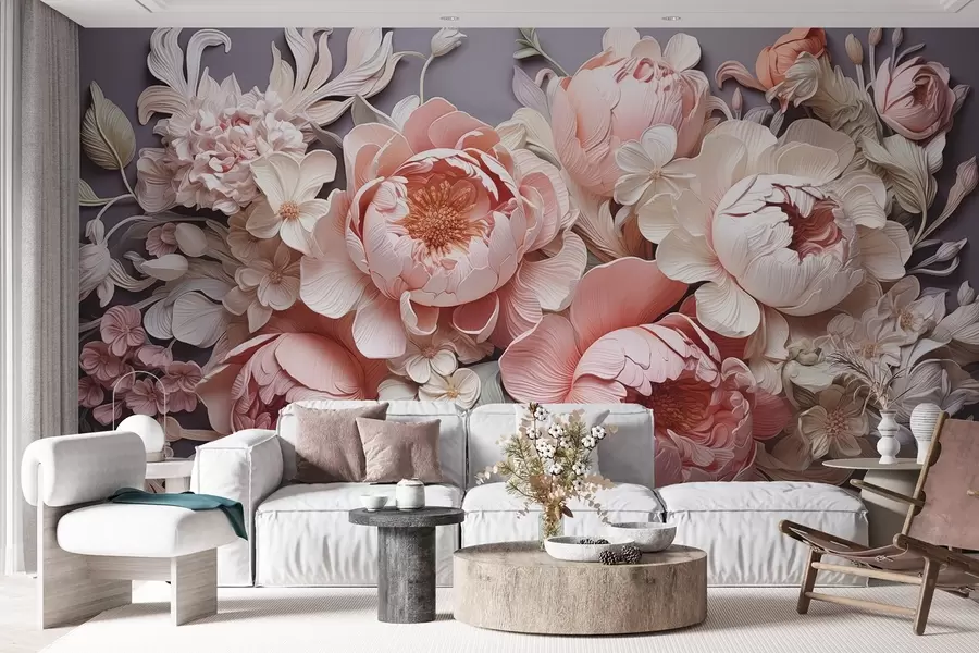murales de pared Arreglo floral de peonias y rosas rosa-beige de estilo rococó en colores claros w01933v1