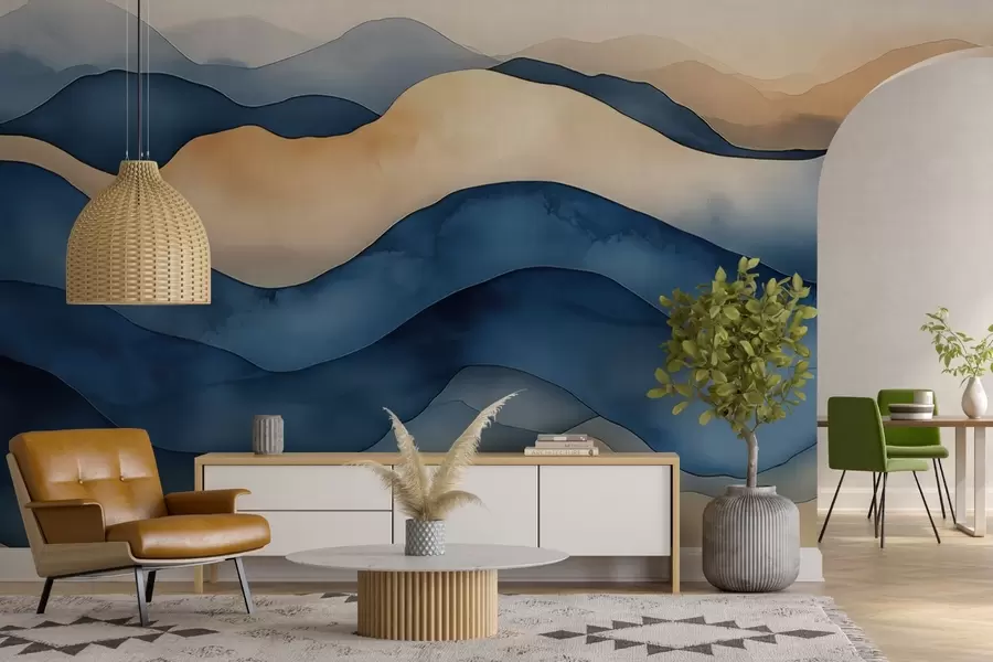 murales de pared Ondas abstractas azul-beige que recuerdan a montañas w02196
