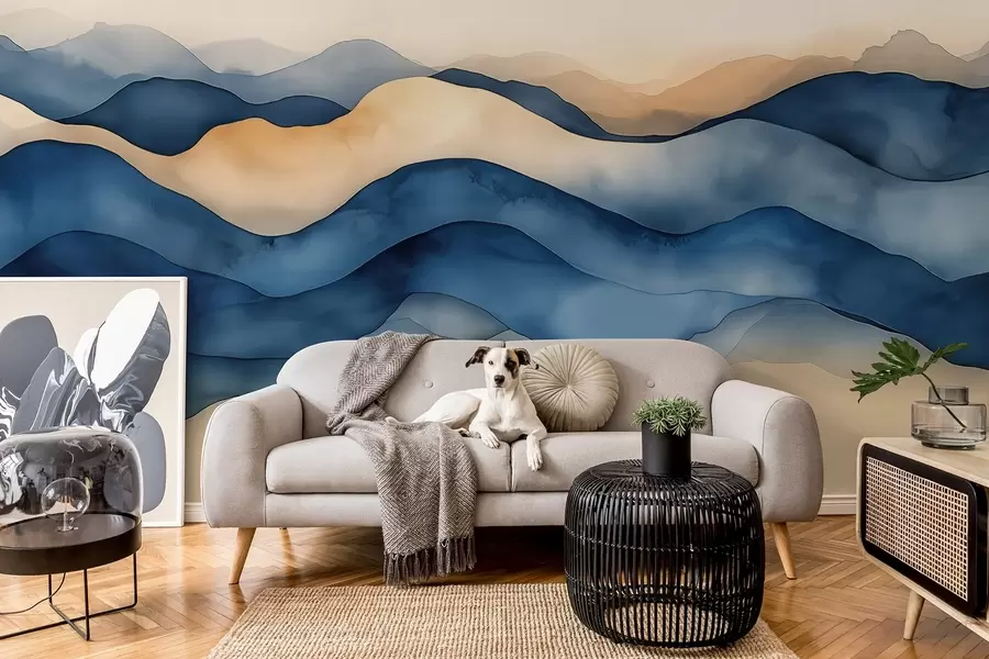 murales de pared Ondas abstractas azul-beige que recuerdan a montañas w02196
