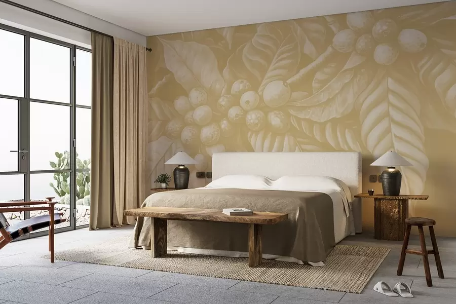 murales de pared Ramas de cafeto con frutas y elementos tropicales en tonos beige w02209v1