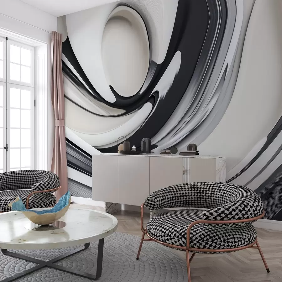 murales de pared Forma abstracta 3D fluida sobre fondo blanco y negro w02236