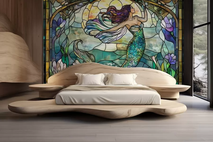 murales de pared Papel pintado de estilo vidriera con la imagen de una sirena mágica w02286