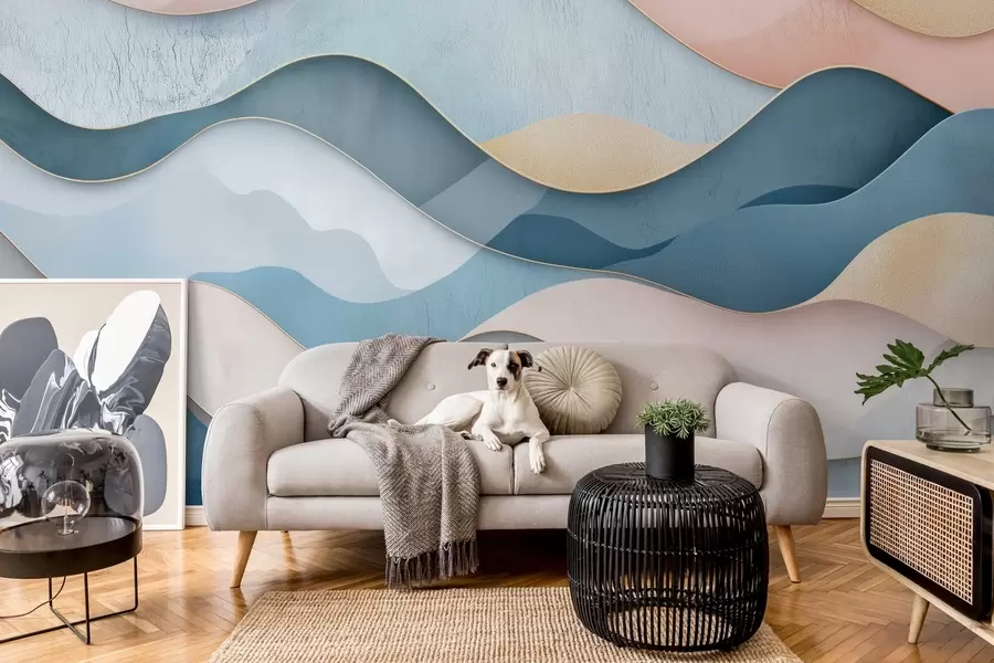 murales de pared Motivo Art Déco ondulado en colores rosa y azul w02290