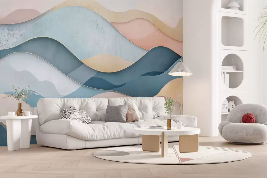 murales de pared Motivo Art Déco ondulado en colores rosa y azul w02290