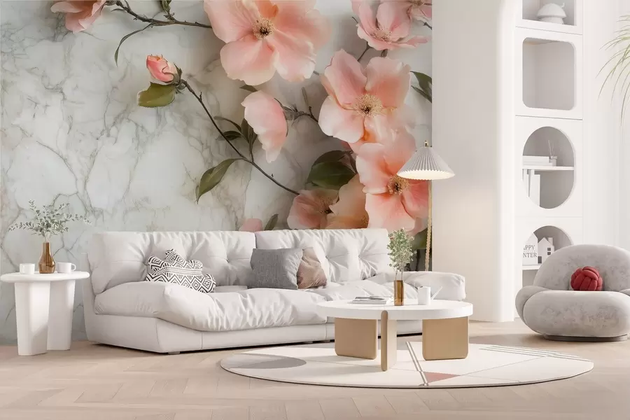 murales de pared Delicadas flores sobre fondo de imitación de mármol w02291