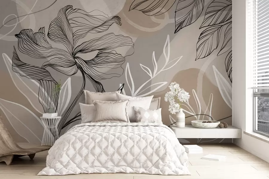 murales de pared Elegante estampado floral con grandes flores y hojas de líneas abstractas en tonos grises y beige sobre fondo claro w08413