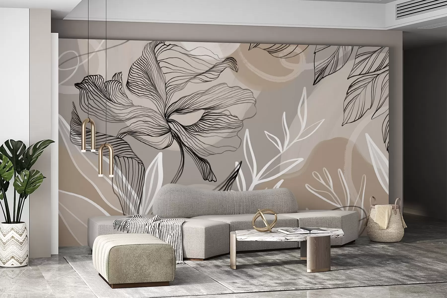 murales de pared Elegante estampado floral con grandes flores y hojas de líneas abstractas en tonos grises y beige sobre fondo claro w08413