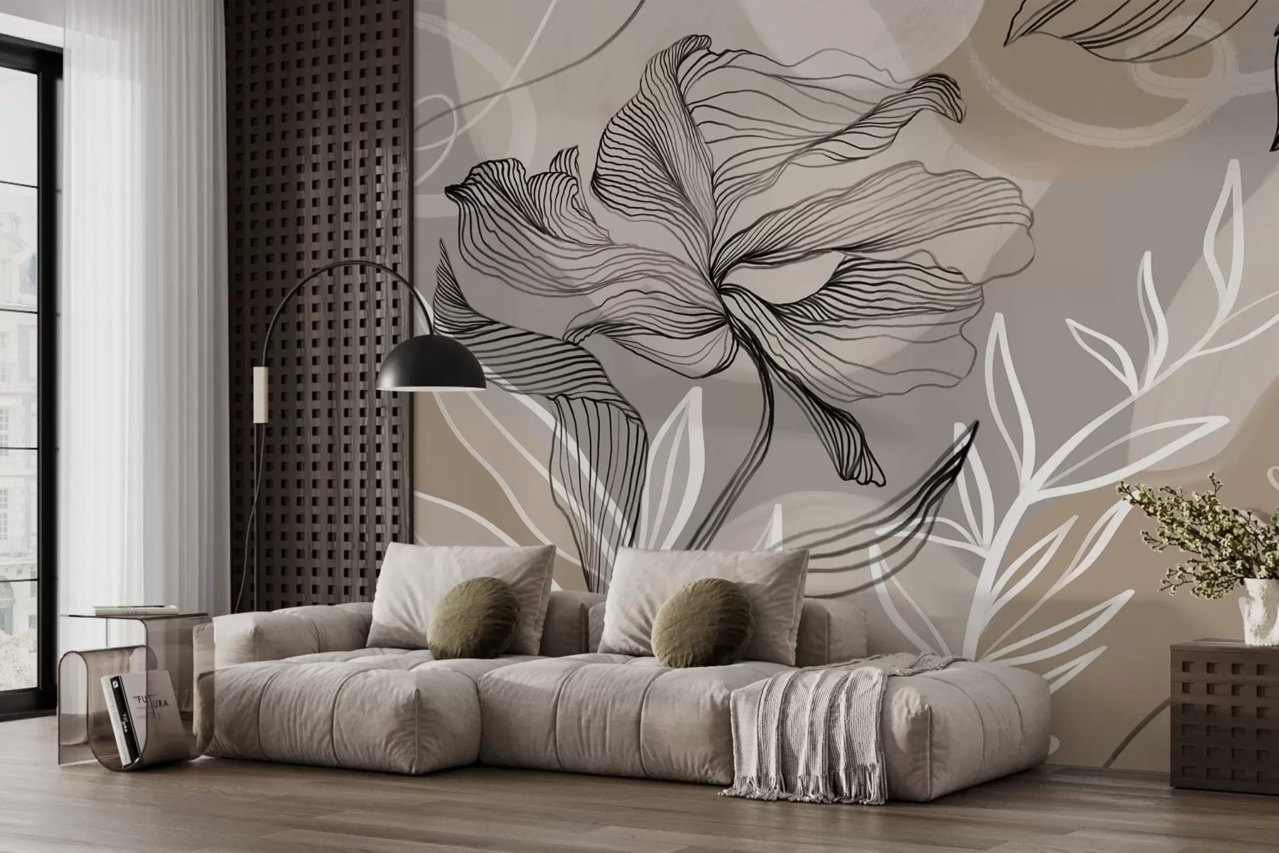 murales de pared Elegante estampado floral con grandes flores y hojas de líneas abstractas en tonos grises y beige sobre fondo claro w08413